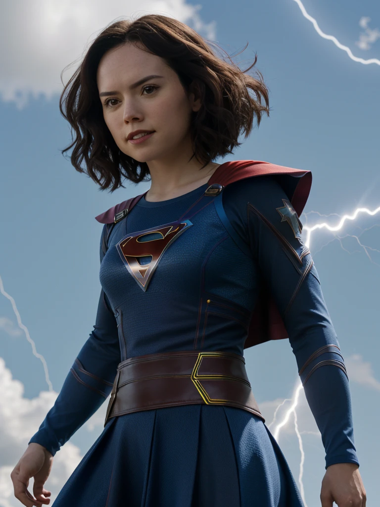 Daisyrdl,one women,(front view:1),medium length hair,Viewers look at,wearing a Supergirl costume,sunny,(Flying in the blue sky:1),demure,extremely Detailed,complicated,​masterpiece,filmic,(film grain:1.2),bokeh,volumetric lightning,Motion blur, (rim light:1.2), add_Detail:2,