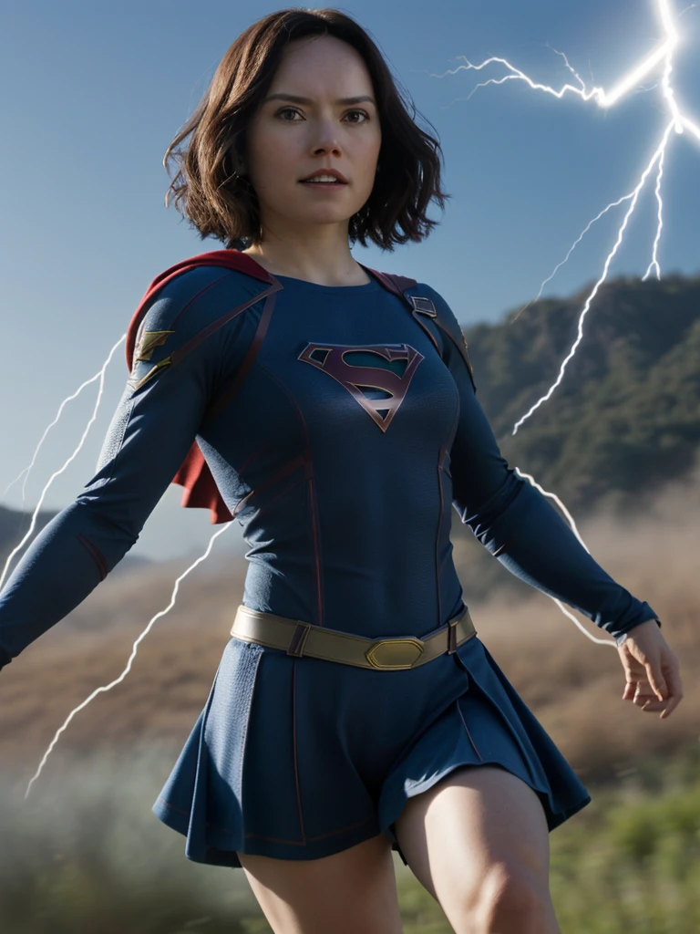 Daisyrdl,one women,(front view:1),medium length hair,Viewers look at,wearing a Supergirl costume,sunny,(Flying in the blue sky:1),demure,extremely Detailed,complicated,​masterpiece,filmic,(film grain:1.2),bokeh,volumetric lightning,Motion blur, (rim light:1.2), add_Detail:2,