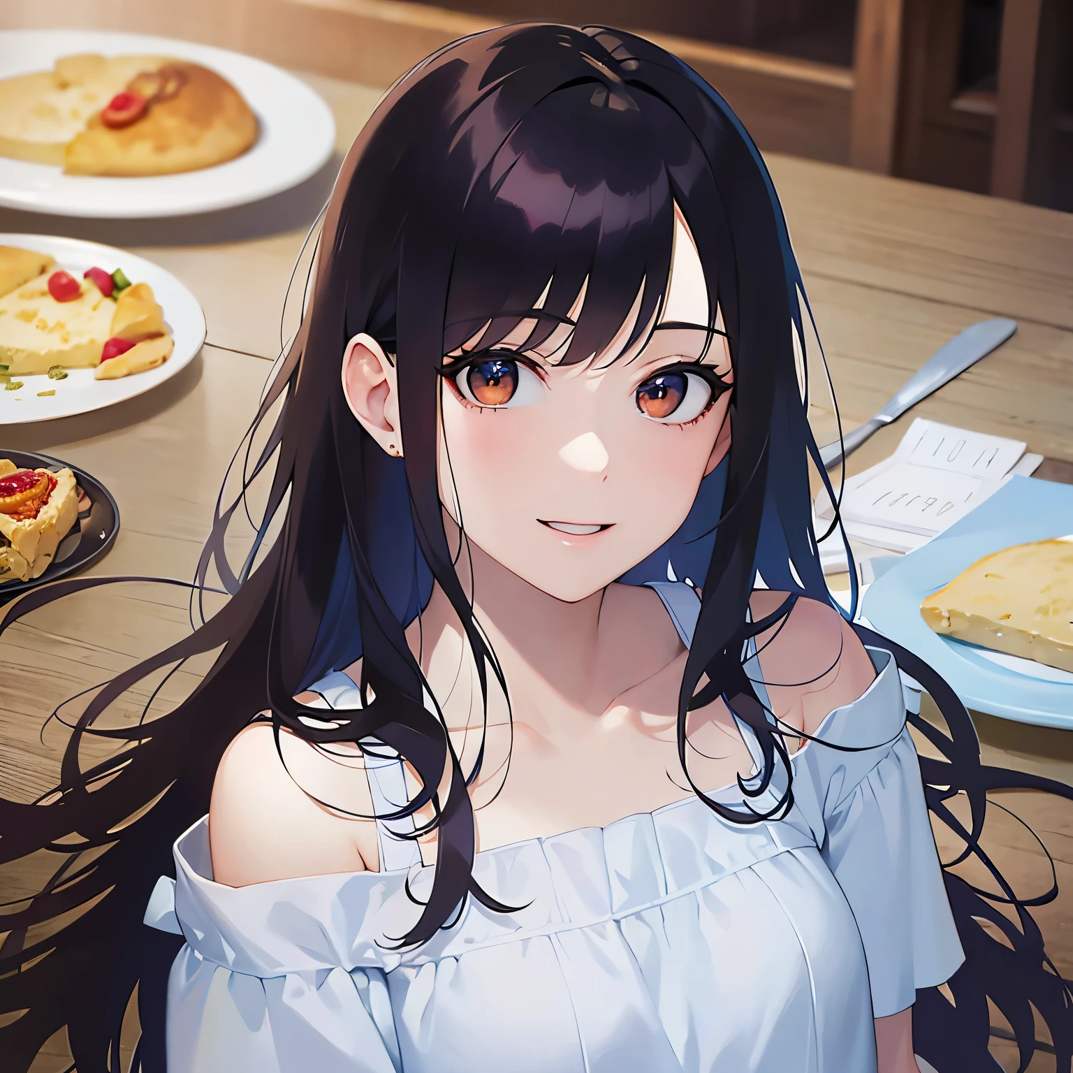 hand on own face, looking up, Shooting from above、Realistic, real person, (pale skin: 1.2), RAW photo, photorealistic, shiny skin, shiny hair、(A 25-year-old woman with medium-length hair and bangs) and (wavy hair) and (brown hair) and (Orange Eyes) , (white) and (off shoulder blouse) 、 (smile:1.3), open mouth、Alone、Are standing、Dining background、sitting at the dining table、There is an omelet rice on a plate on the table.