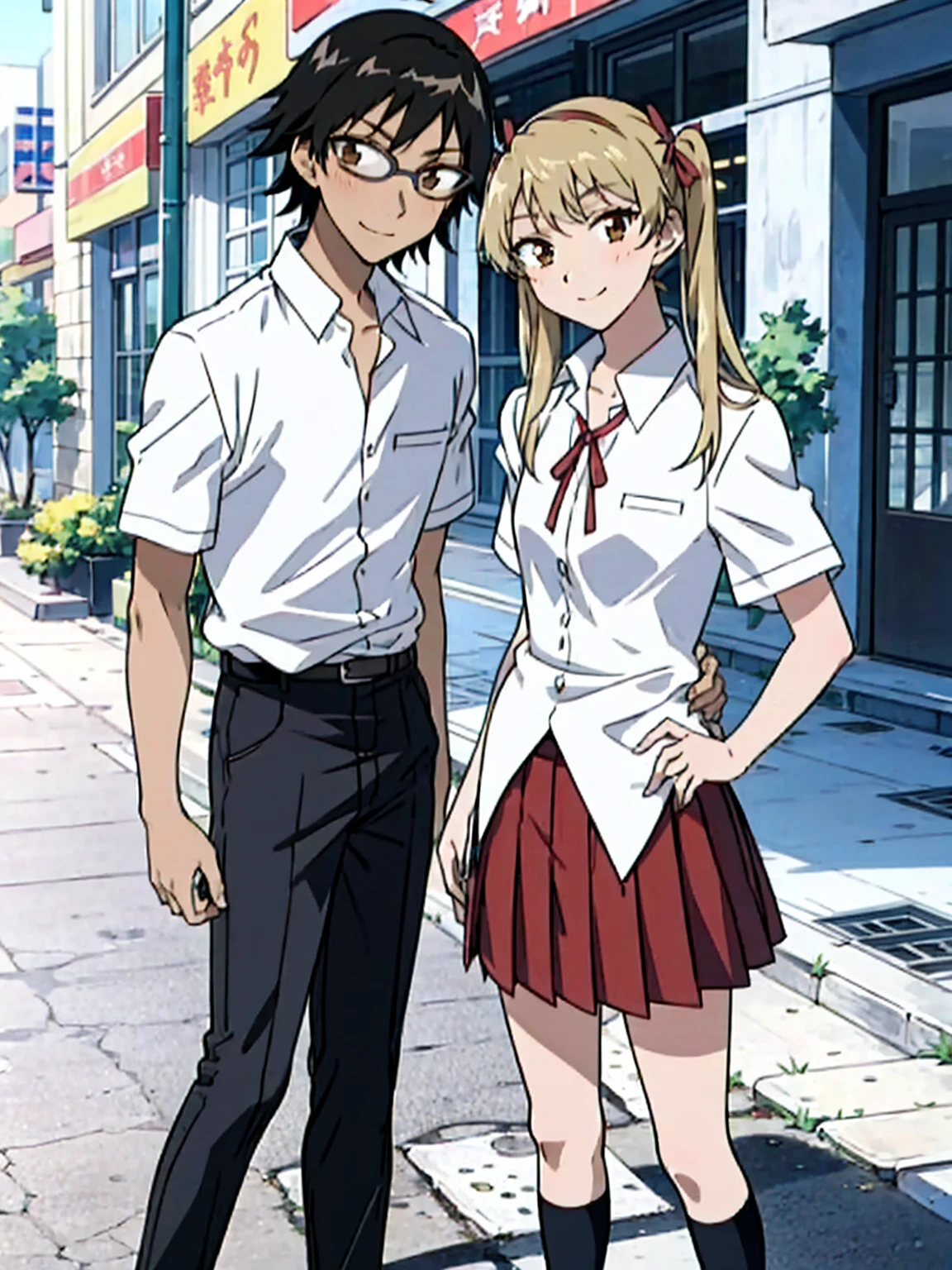 1 boy and 1 girl stand in the street,twintails,sawachika eri, brown eyes, hair ribbon,harimakenji, glasses, ,school uniform, red pleated skirt,eri,hairband, looking_at_viewer, serious, gakuran, white_shirt,smile,happy,two persons