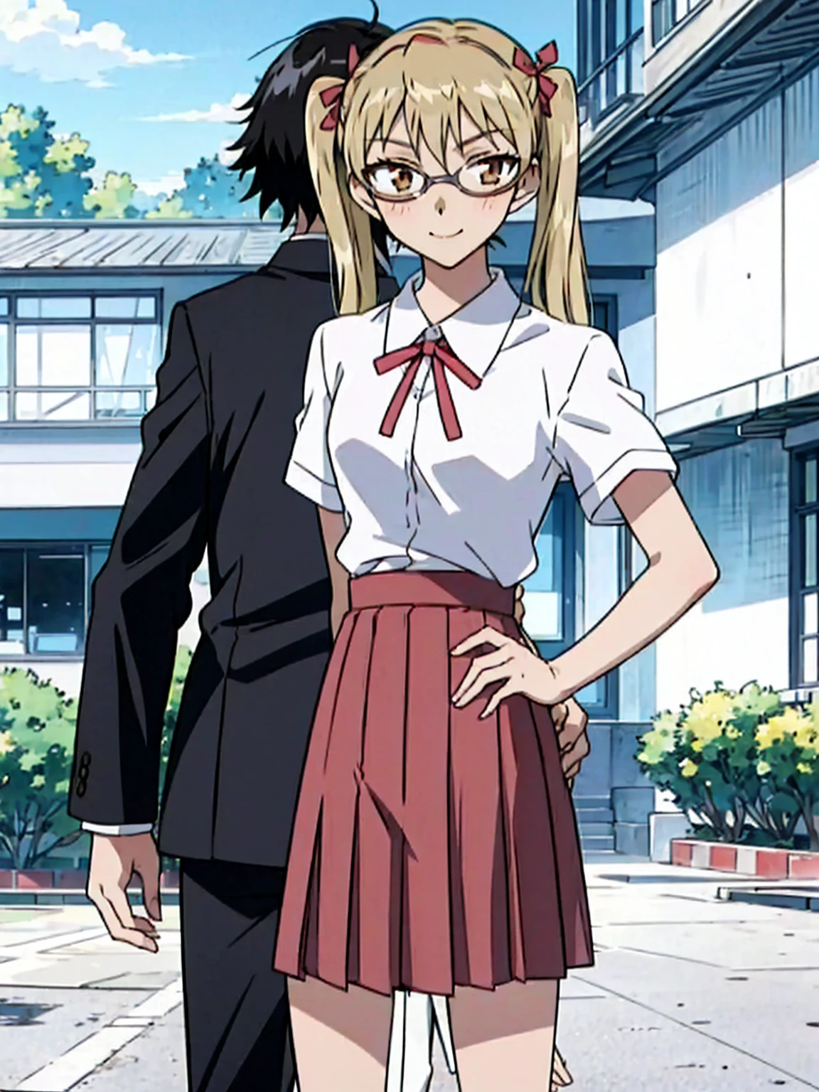 1 boy and 1 girl stand in the street,twintails,sawachika eri, brown eyes, hair ribbon,harimakenji, glasses, ,school uniform, red pleated skirt,eri,hairband, looking_at_viewer, serious, gakuran, white_shirt,smile,happy,two persons