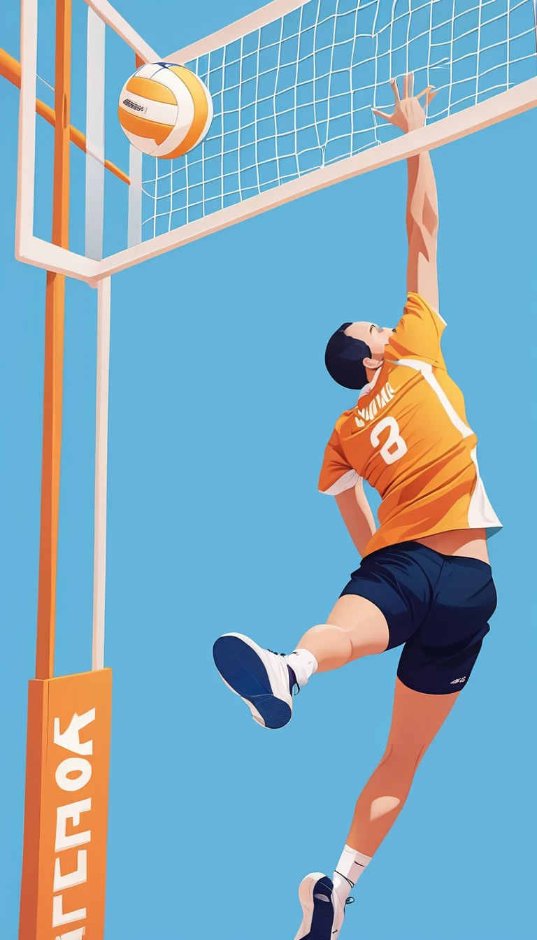 Volleyball in the air，net，Both hands，Blue Background，Minimalist style