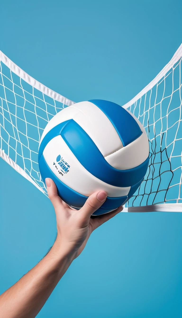 Volleyball in the air,net,Both hands,Blue Background,Minimalist style