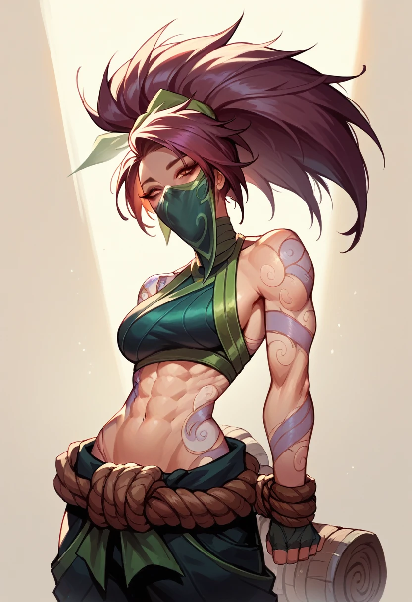 Akali league of legends,  athletic body, her hair is long and black, always tied up in a high ponytail, without mask, ultra realisitic, tattoo on arm, beautiful  face 
