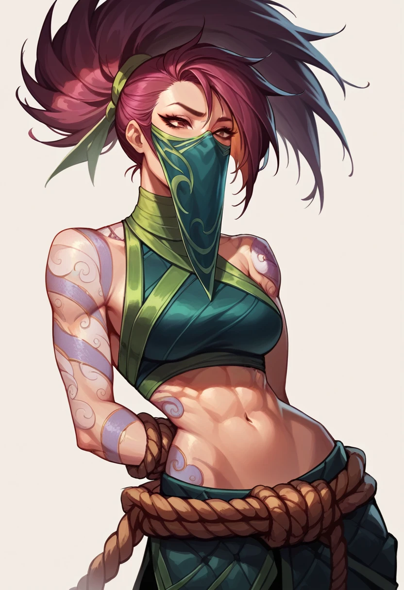 Akali league of legends,  athletic body, her hair is long and black, always tied up in a high ponytail, without mask, ultra realisitic, tattoo on arm, beautiful  face 
