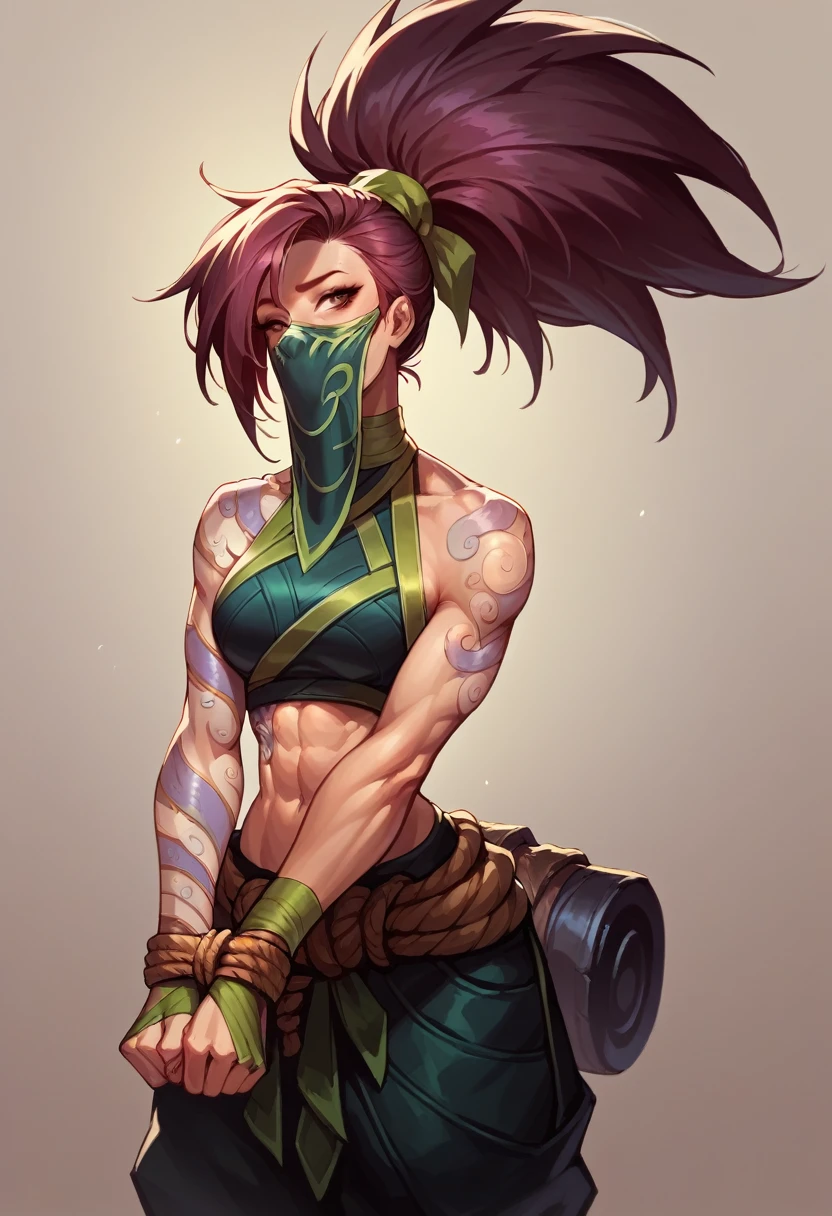 Akali league of legends,  athletic body, her hair is long and black, always tied up in a high ponytail, without mask, ultra realisitic, tattoo on arm, beautiful  face 
