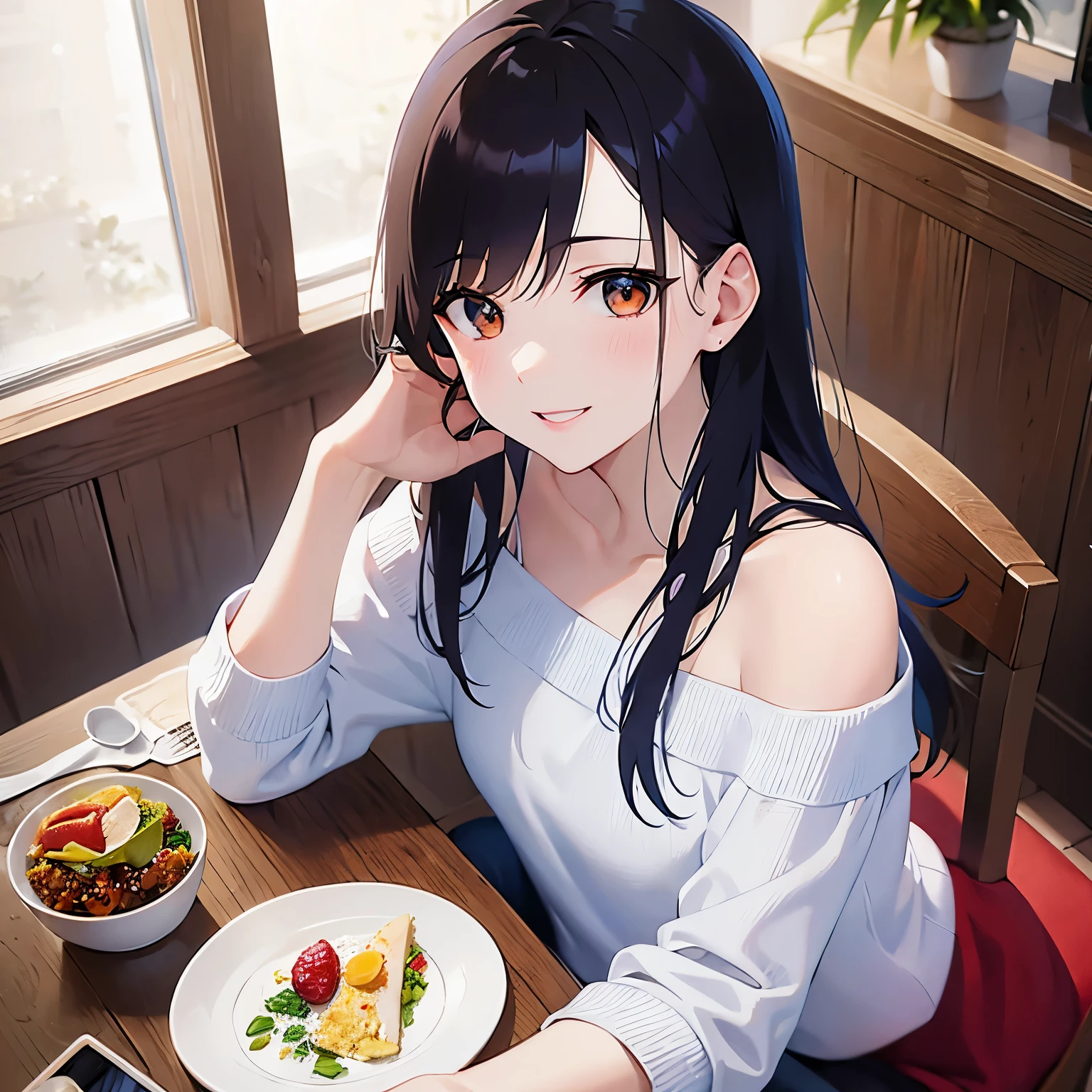hand on own face, looking up, Shooting from above、Realistic, real person, (pale skin: 1.2), RAW photo, photorealistic, shiny skin, shiny hair、(A 25-year-old woman with medium-length hair and bangs) and (wavy hair) and (brown hair) and (Orange Eyes) , (white) and (off shoulder blouse) 、 (smile:1.3), open mouth、Alone、Are standing、Dining background、sitting at the dining table、There is an omelet rice on a plate on the table.
