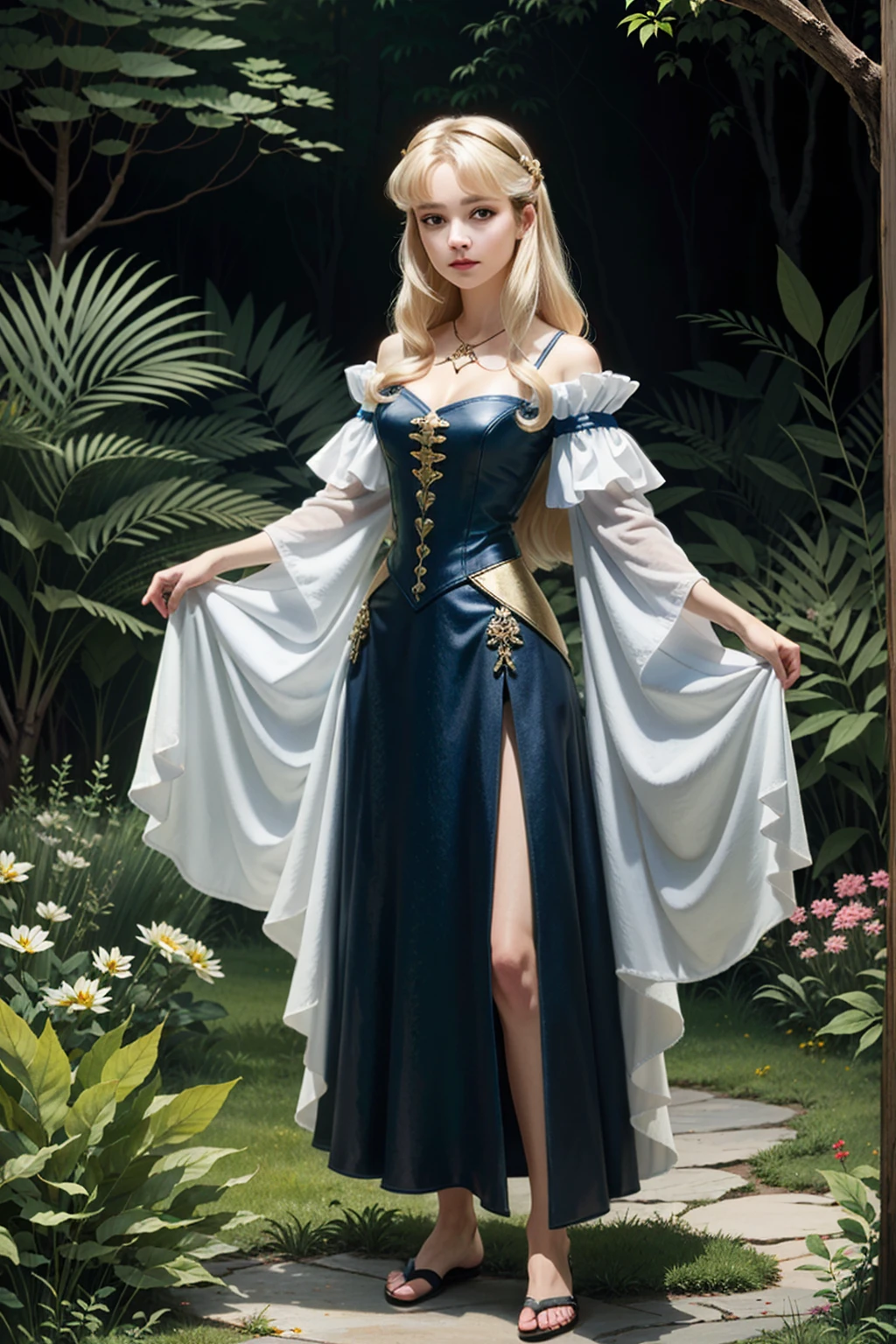 ((Full-length photo, standing, feet on the ground)) ((ultra detailed, masterpiece, best quality))
DisneyAurora, 1girl, solo, blonde hair, long hair, blue eyes, in lush jungle with flowers