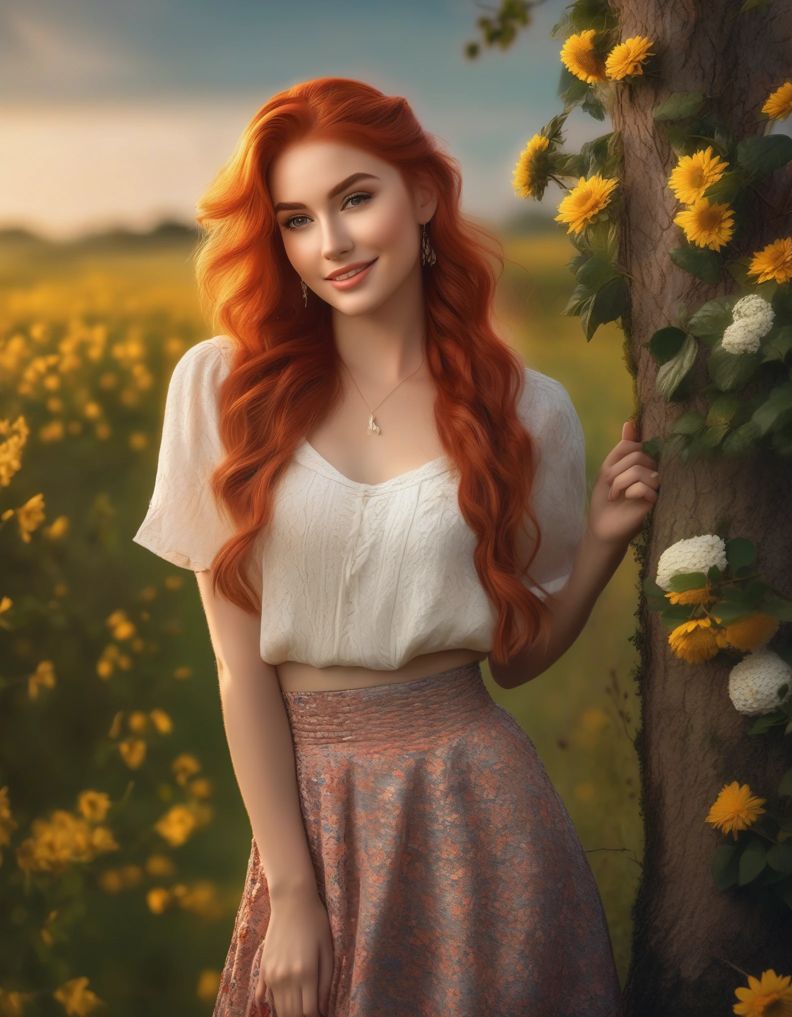 masterpiece, best quality, gorgeous pale american cute girl, smiling, (crop top), red hair loose braided hair, short polca skirt, lean against a tree, field, flowers smiling, perfectly symmetrical face, detailed skin, elegant, alluring, attractive, amazing photograph, masterpiece, best quality, 8K, high quality, photorealistic, realism, art photography, Nikon D850, 16k, sharp focus, masterpiece, breathtaking, atmospheric perspective, diffusion, pore correlation, skin imperfections, DSLR, 80mm Sigma f2, depth of field, intricate natural lighting, looking at camara