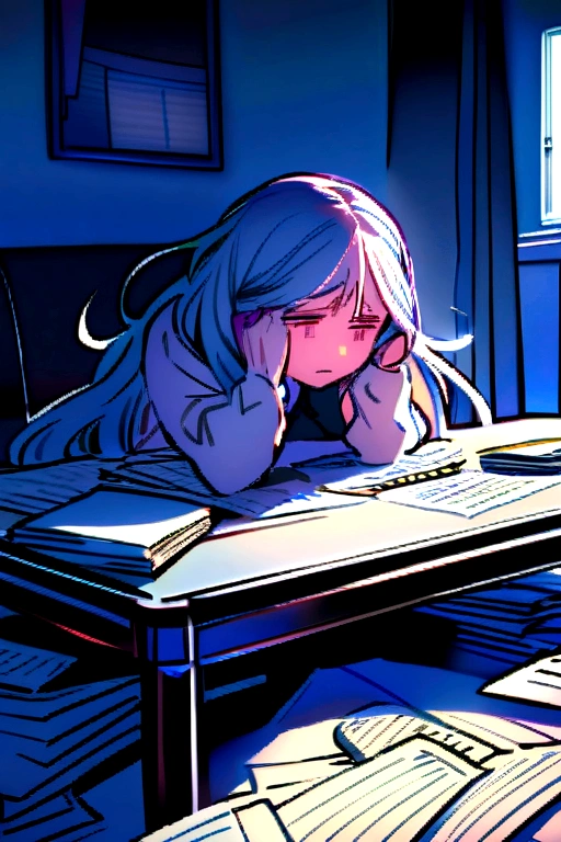 A person is sitting in his living room, surrounded by bills and papers spread across the table. She has her head in her hands, visibly worried and sad. The light is soft and there is an air of tension in the air.
