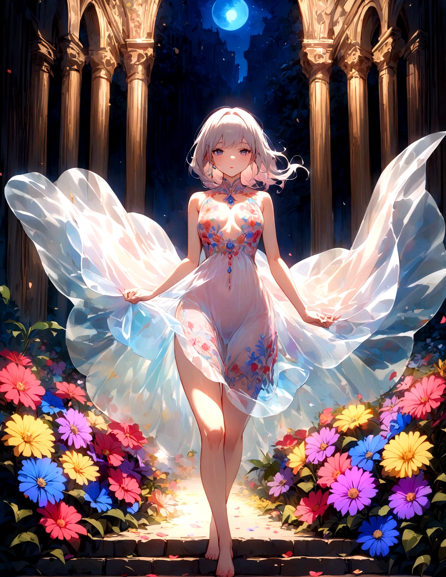 A cute woman (colorful sheer airy dress with intricate embroidery, nude underneath) strolling through a lavish flower garden at night