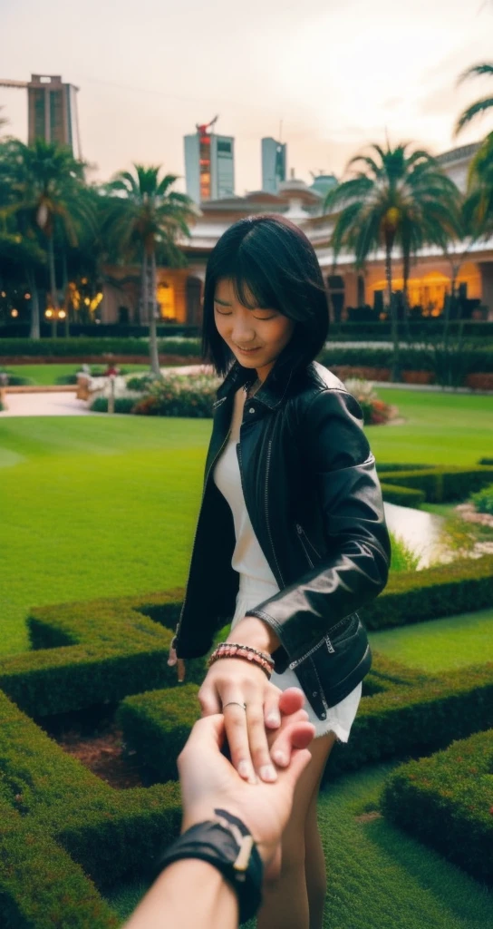 bf_holding_hands,  walking in Garden by the bay singapore, 
detailed,8k, detailed shadow, 1mongolian girl, Omertosa, short hair, black hair, open jacket, leather jacket, jewelry ,(masterpiece,best quality),
