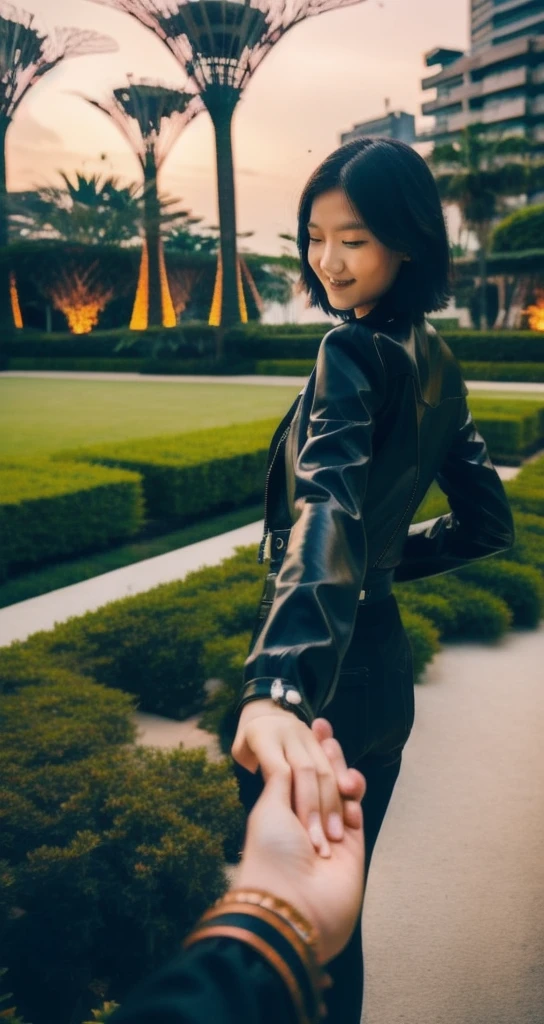 bf_holding_hands, walking in Garden by the bay singapore,
detailed,8k, detailed shadow, 1mongolian girl, Omertosa, short hair, black hair, open jacket, leather jacket, jewelry ,(masterpiece,best quality),