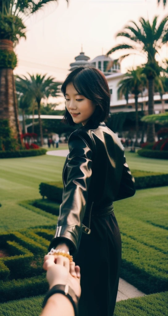 bf_holding_hands,  walking in Garden by the bay singapore, 
detailed,8k, detailed shadow, 1mongolian girl, Omertosa, short hair, black hair, open jacket, leather jacket, jewelry ,(masterpiece,best quality),
