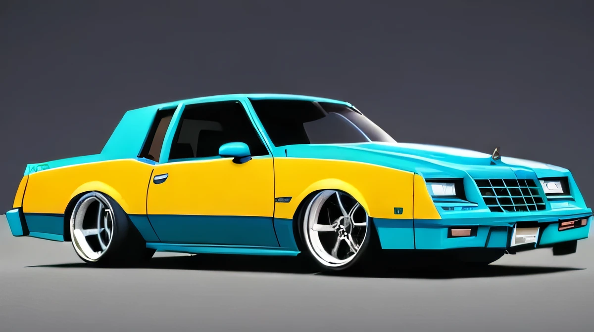 Torquise blue 1986 Chevy monte carlo ss, pop art, cartoonish style ,detailed, illustration, slammed to the ground, large black staggered wheels, wide bodykit, masterpiece, highly detailed ((([simple grey background])))