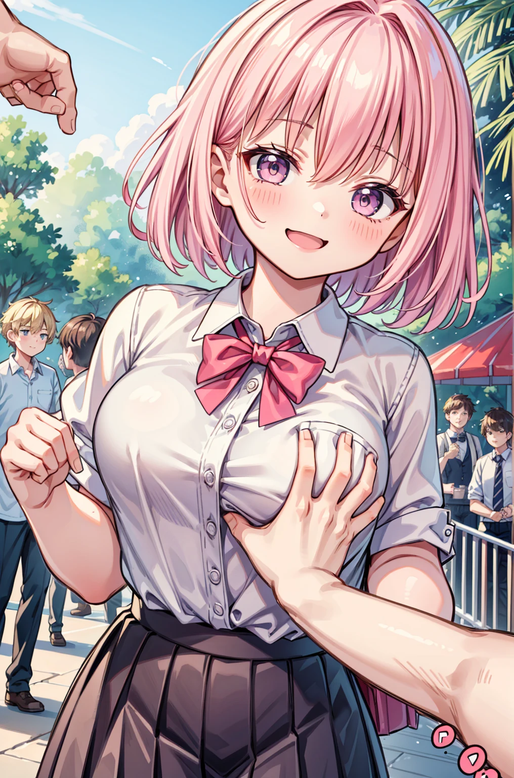 masterpiece, Highest quality, High resolution,(throw_hand grabbing chest),,One girl, One boy,Age difference,bow tie,Blonde,chest,Long Hair,Pink Hair,pleated skirt,Tucked in shirt,short hair,skirt,smile,Tent shirt,amusement_garden,breasts grab,腕をつかむ女の子
