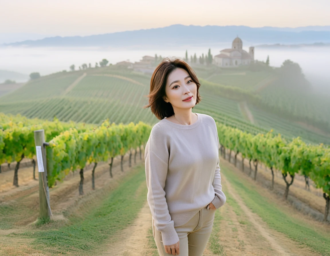 8k best picture quality, Beautiful 36-year-old Korean woman, short and nice weather. Chest size 34 inches, Dense fog at dawn in the Italian countryside, past the vineyard, The cathedral is visible in the fog in the distance., The back background is realistic and vivid quality., Short and medium hair blowing in the wind, travel jumper, beige jeans, a faint smile. the background is clear, Short and slim Korean woman, stand far away, Photo taken with a wide-angle lens, Taken from a hill overlooking a misty vineyard