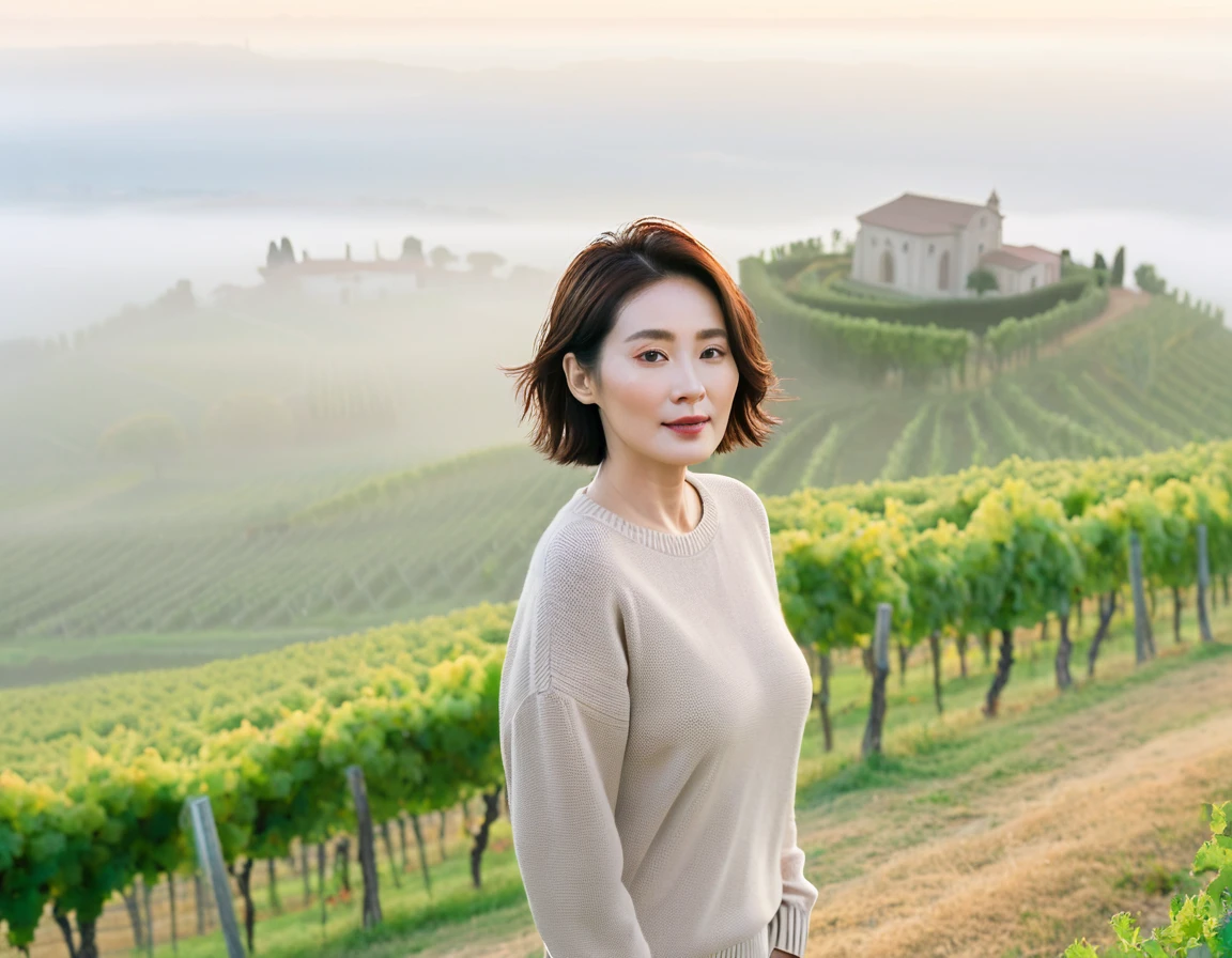 8k best picture quality, Beautiful 36-year-old Korean woman, short and nice weather. Chest size 34 inches, Dense fog at dawn in the Italian countryside, past the vineyard, The cathedral is visible in the fog in the distance., The back background is realistic and vivid quality., Short and medium hair blowing in the wind, travel jumper, beige jeans, a faint smile. the background is clear, Short and slim Korean woman, stand far away, Photo taken with a wide-angle lens, Taken from a hill overlooking a misty vineyard