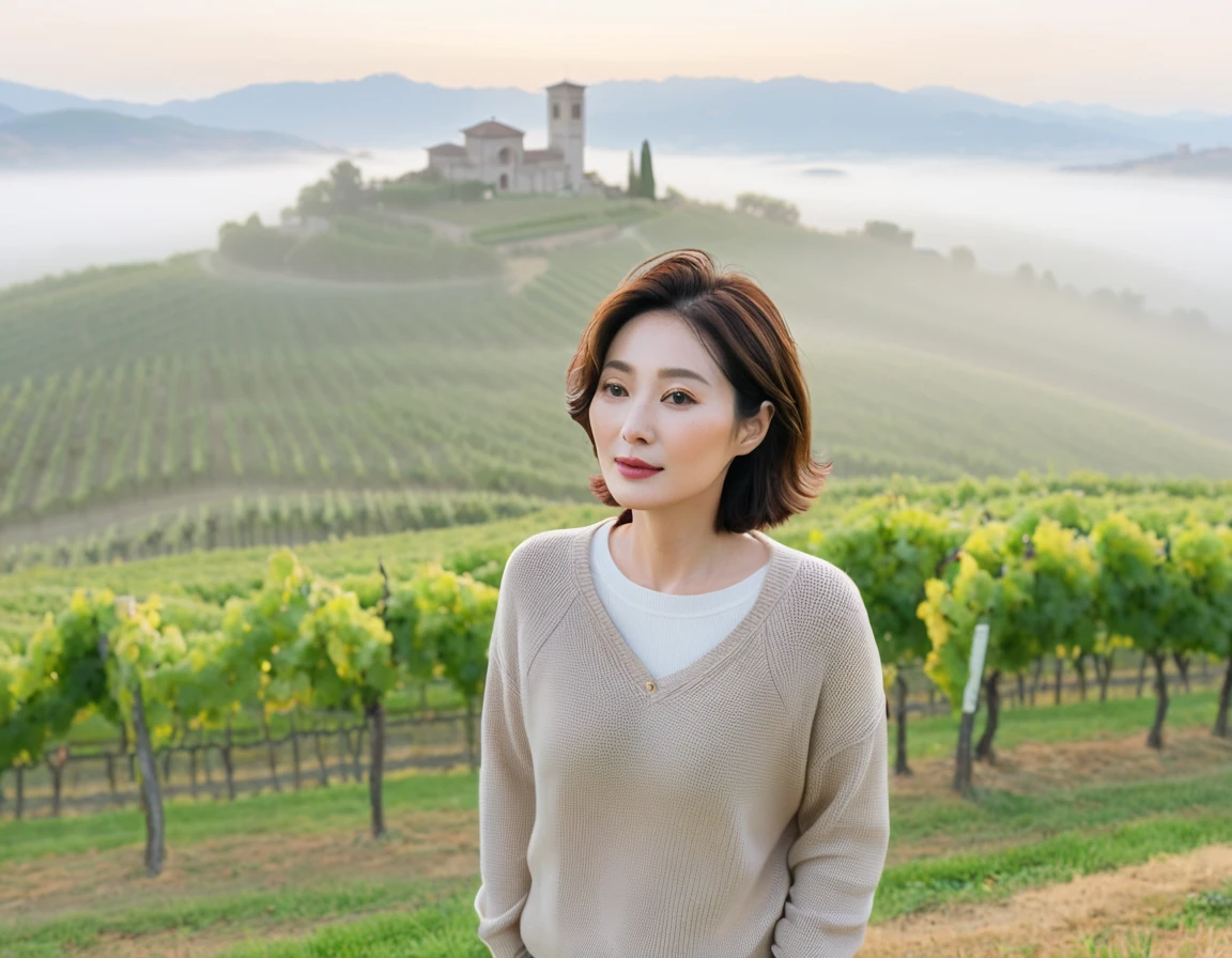 8k best picture quality, Beautiful 36-year-old Korean woman, short and nice weather. Chest size 34 inches, Dense fog at dawn in the Italian countryside, past the vineyard, The cathedral is visible in the fog in the distance., The back background is realistic and vivid quality., Short and medium hair blowing in the wind, travel jumper, beige jeans, a faint smile. the background is clear, Short and slim Korean woman, stand far away, Photo taken with a wide-angle lens, Taken from a hill overlooking a misty vineyard