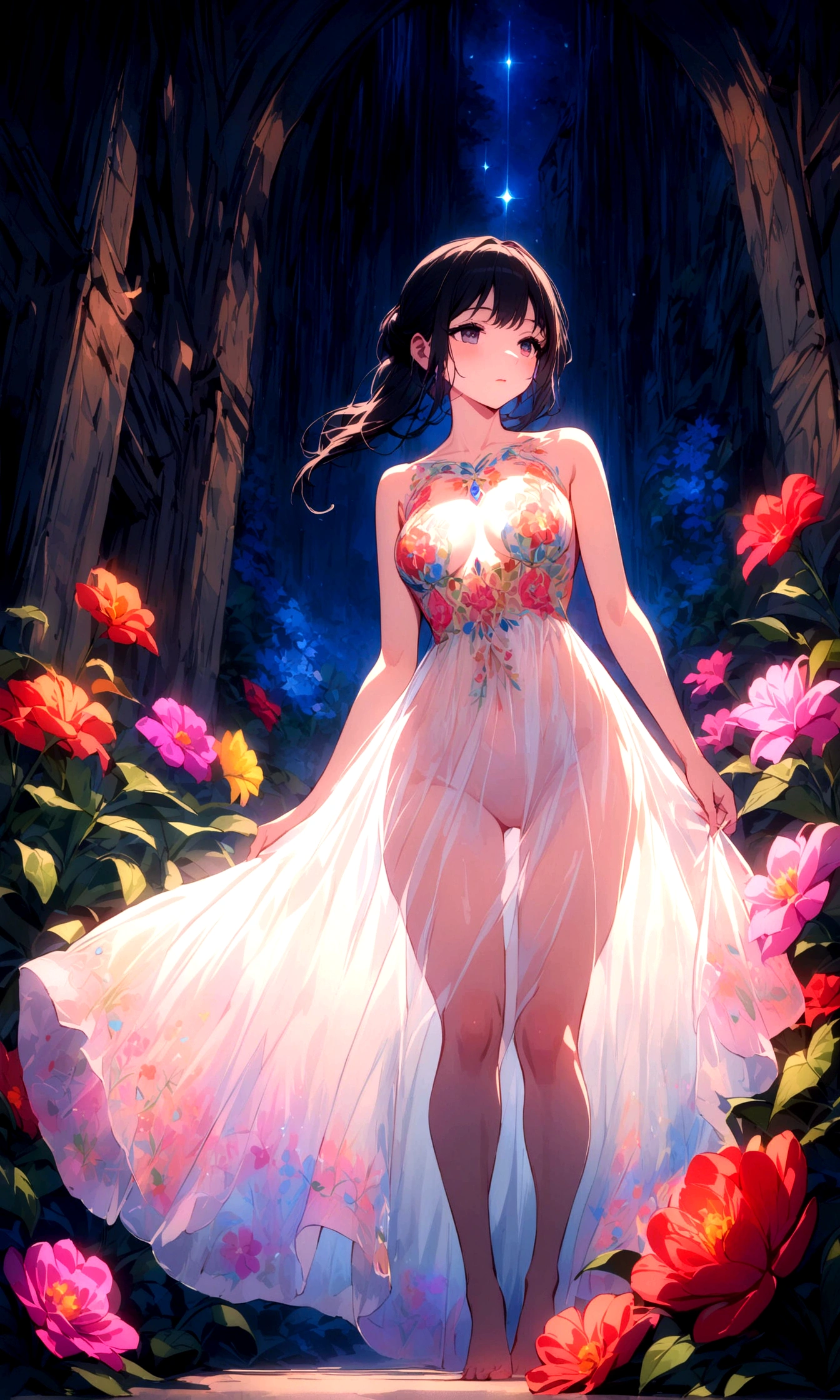 A cute woman (colorful sheer airy dress with intricate embroidery, nude underneath) strolling through a lavish flower garden at night
