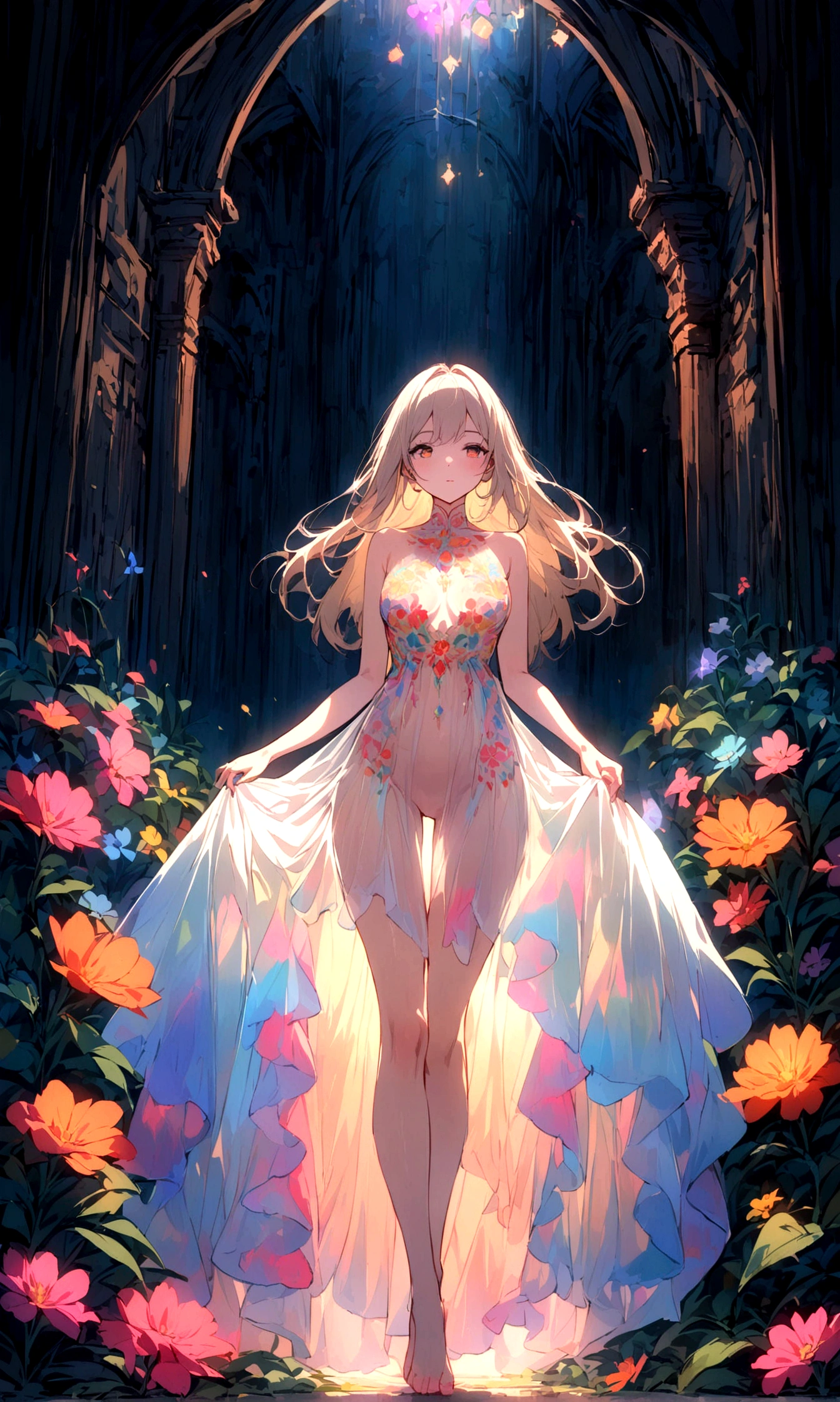 A cute woman (colorful sheer airy dress with intricate embroidery, nude underneath) strolling through a lavish flower garden at night