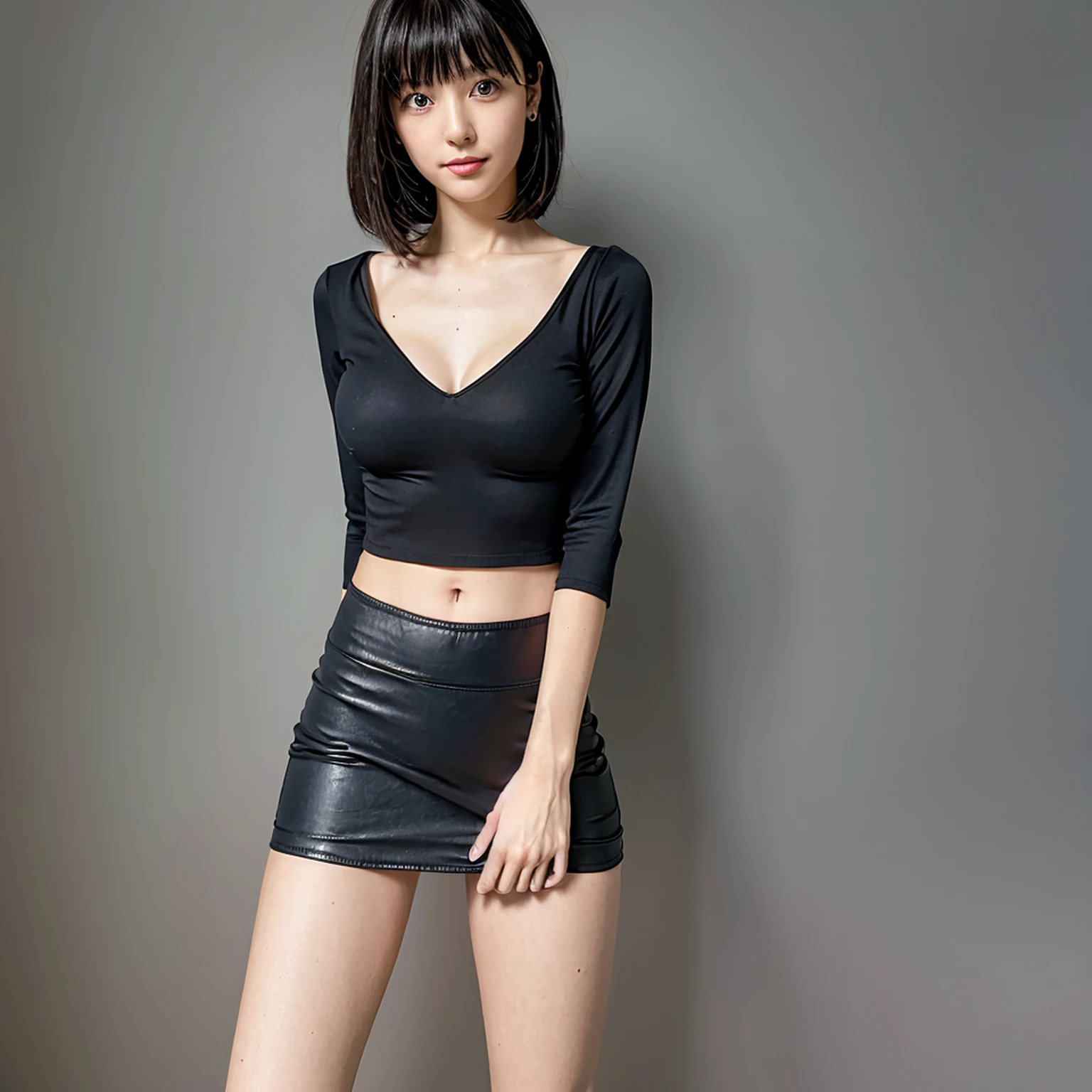 highest quality、Super detailed、body turned sideways、look back、tight shirt、Tight black short spandex、I can see down to my feet、thin thighs、perfect hands、perfect feet、perfect body、sexy shot, Photoreal, 8k、The outside of the chest is visible、No bra、ordinary chest、beautiful body line、being thin、short hair、cleavage, leather mini skirt, alone, luster, vagina is visible from the hole of spandex
