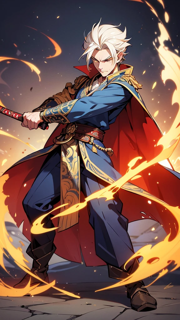 

**Description of the Main Character (Male Protagonist):**

- **Pose**: The character is in an action pose, mid-swing with his sword. His stance is dynamic, with one foot forward and the other slightly behind, creating a sense of motion and balance. His left hand is extended forward for balance, while his right hand firmly grips the sword.
- **Facial Features**: He has a strikingly handsome face with sharp, well-defined features. His eyes are intense and focused, conveying determination and skill. His eyebrows are slightly furrowed, adding to his fierce expression.
- **Hair**: His long, straight black hair is tied into a high topknot, with a few loose strands falling around his face. The hair is glossy and well-maintained, adding to his noble appearance.
- **Clothing**:
  - **Outer Robe**: He is clad in a traditional Chinese Hanfu. The outer robe is a deep, rich navy blue with intricate gold embroidery along the edges, depicting dragons and phoenixes in a flowing, dynamic pattern. The robe has wide sleeves that billow with his movements.
  - **Inner Garment**: Underneath the outer robe, he wears a lighter blue inner garment that is visible at the collar and cuffs. The inner garment has subtle, elegant patterns embroidered in gold thread.
  - **Belt**: A broad, ornate belt secures his waist. The belt is navy blue with a large, gold buckle shaped like a dragon's head, enhancing his regal look.
  - **Pants**: His pants are also navy blue, loose-fitting for ease of movement, and tucked into his boots.
  - **Boots**: He wears knee-high black leather boots with gold accents and intricate patterns embossed into the leather.
- **Accessories**:
  - **Sword**: He wields a traditional Chinese sword with a long, slender blade that gleams silver in the light. The hilt is ornately designed with a dragon motif, and a red tassel hangs from the pommel, swaying with his movements.
  - **Hairpin**: A gold hairpin with a jade ornament secures his topknot, adding a touch of elegance.
 