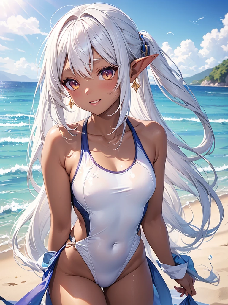 Masterpiece、High resolution、high quality、32k、(Dark Elf r Female、Pointed Ears、Silver Hair、Straight medium hair、Tie your hair up、tanned brown skin、Golden Eyes、Shining Eyes、White competitive swimsuit、Seaside、water droplets、Having fun in the ocean、Midsummer Sun)、Overjoyed、