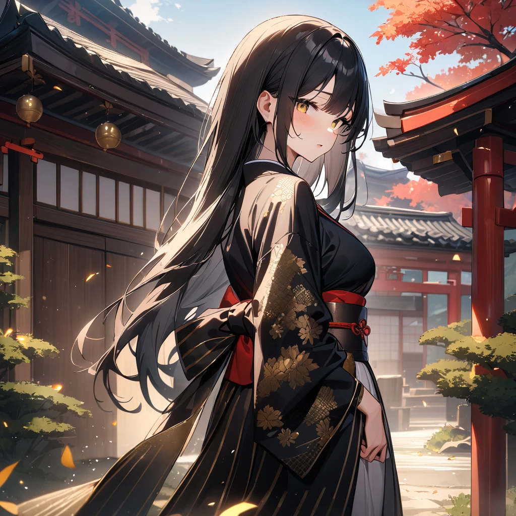 girl,Japanese style,Japanese Pattern,Black Hair,Long Hair,masterpiece, best quality, very aesthetic, absurdres,Gold and Black,Gold Leaf,Japanese styleの背景