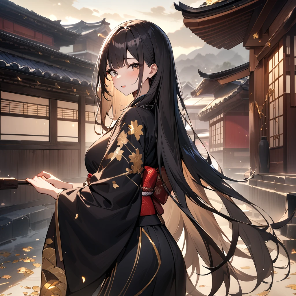 girl,Japanese style,Japanese Pattern,Black Hair,Long Hair,masterpiece, best quality, very aesthetic, absurdres,Gold and Black,Gold Leaf,Japanese styleの背景