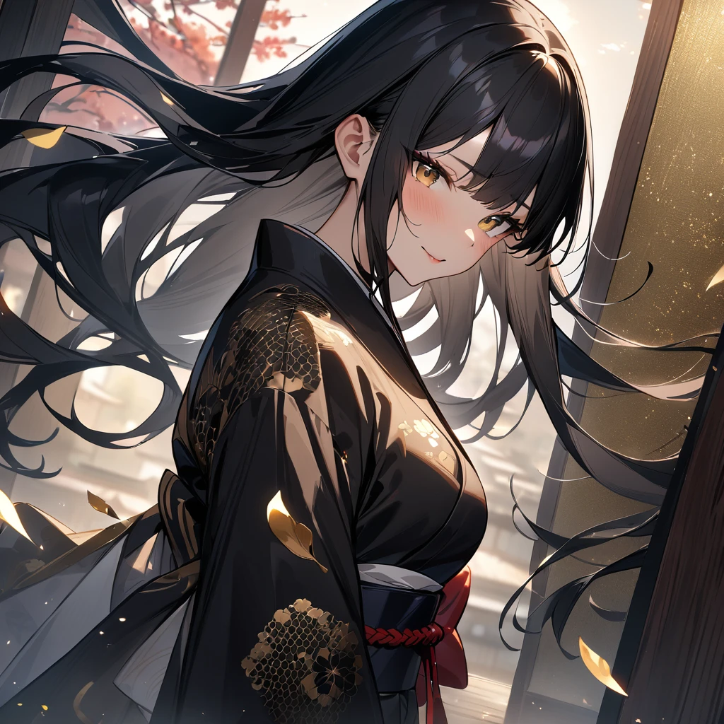 girl,Japanese style,Japanese Pattern,Black Hair,Long Hair,masterpiece, best quality, very aesthetic, absurdres,Gold and Black,Gold Leaf,Japanese styleの背景