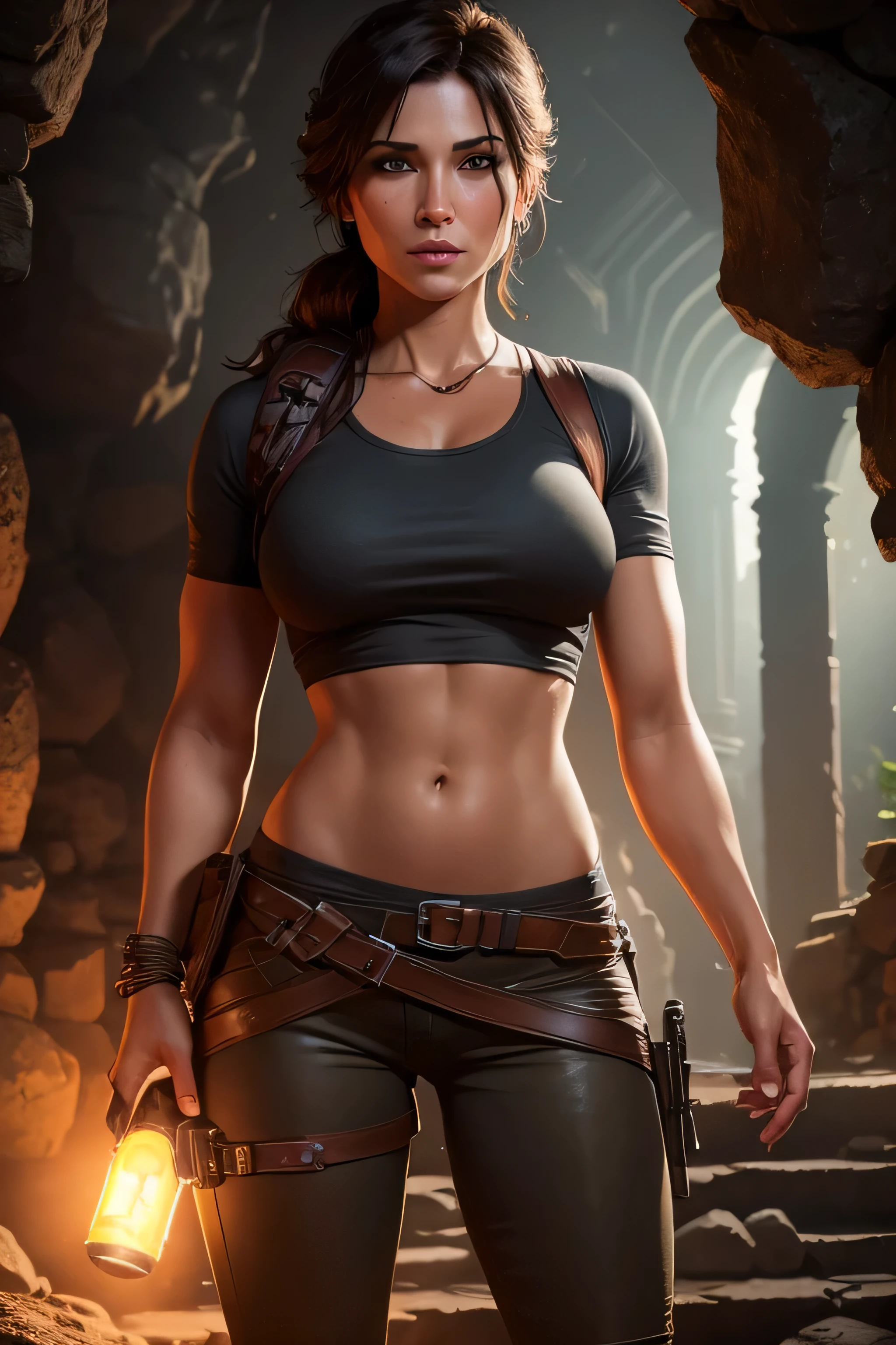 Lara Croft standing in front of high stairs of temple ruins, the temple ruins is underground, it's dark, location: a cave deep underground, night time, the scene is lit by Lara's flashlight, DLSR, sharp focus, soft lighting, masterpiece, perfect face, ultra detailed face, perfect brown eyes, beautiful face, photorealistic, 8k, masterpiece, Lara is wearing a grey shirt and dark pants