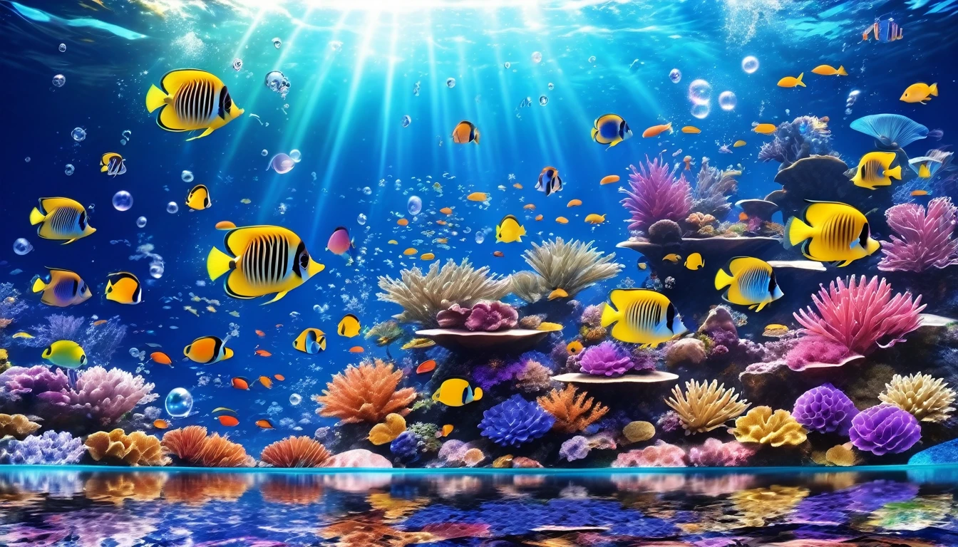 (Panorama, center, masterpiece, Highest quality: 1.2), (8K、RAW Photos、Highest quality、look up:1.2、masterpiece:1.2、Genuineistic、Ultra-high resolution、High Contrast、Photon Mapping、Genuine、Very detailed、Official Art, RAW Photos、professional Lighting、 Light、Vivid atmosphere、twiceLight) , , Sea。Sea,々The bubbles are bubbling。Different types、Colorful tropical fish swimming。サンゴやIn the water植物を見ることができます。Primary color shades。Rainbow colors。Green algae or seaweed。Even if it is&#39;In the water、As if you were on the ground。Captivating natural beauty,Shining Star Fragment, An atmosphere that exudes the excitement of adventure。A happy and fun atmosphere。High Fantasy Worldview,　A magnificent composition and beautiful depiction of proportions, Rainbow colorsの光や銀色の蒸気の守護星雲, Corrosion Surrounding Ray Family Color, Slimy air,