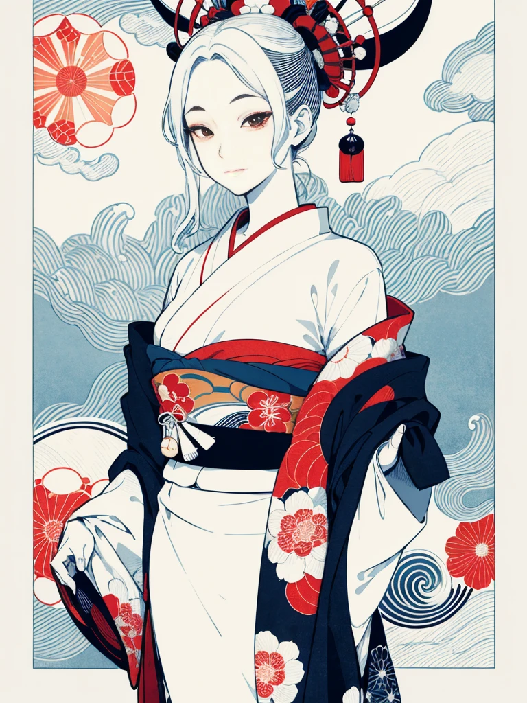 Create an image inspired by the beauty of Japanese ukiyo-e, with delicate lines, flat colors, and an emphasis on pattern and composition. Kimono white,Kaleidoscope Background,colorful
