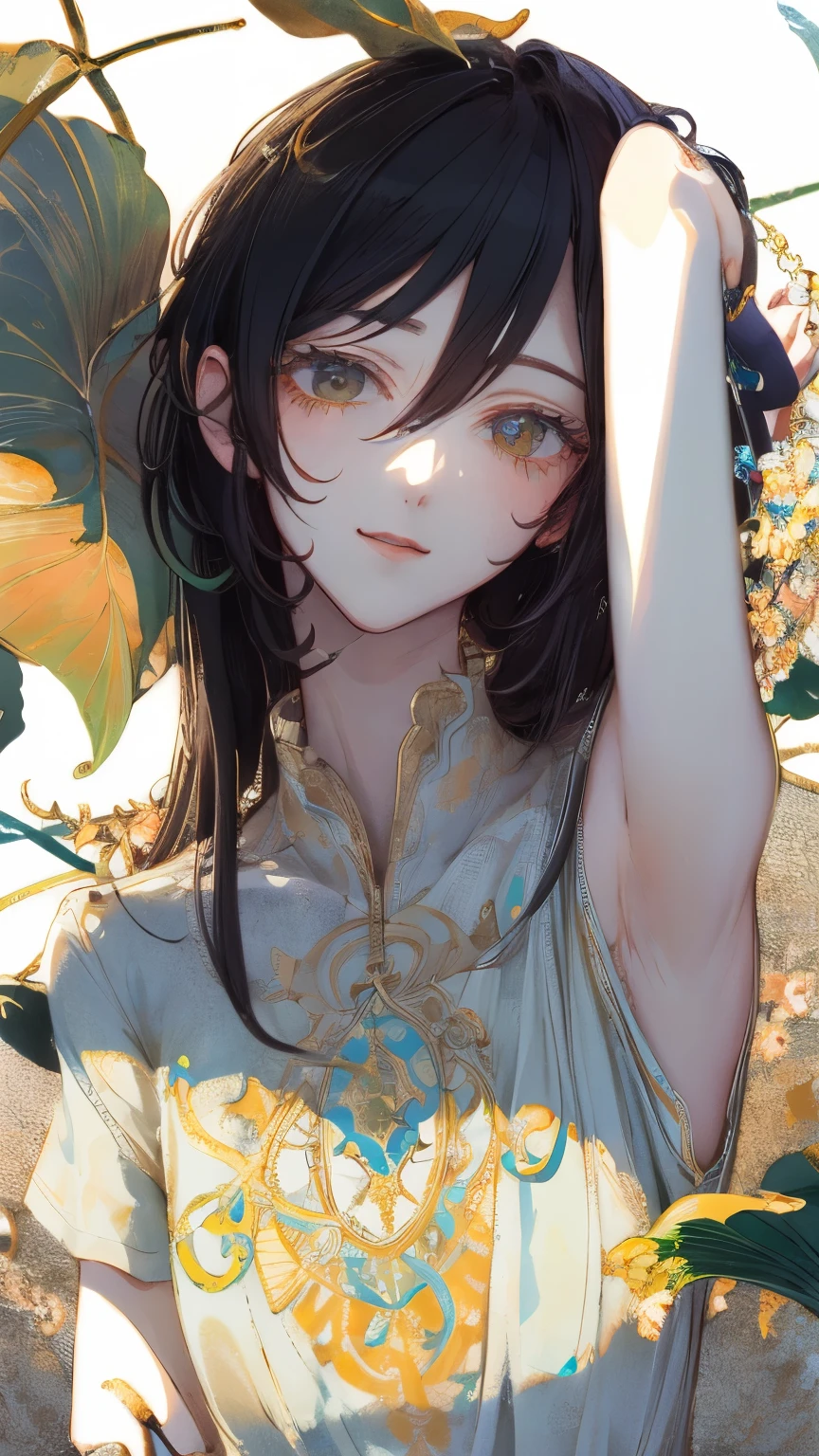 masterpiece: 1.7、Highest quality、(High-definition CG、Ultra-detailed、Best Shadow:1.2)、Picturesque、sketch、Paper Textures、Ultra-high resolution、solo、Beauty、Long black hair、White shirt、Upper body、Light Smile、Extremely thin face、Flat Color、High-definition、Extremely thin face、Realistic、Limited edition palette、Low Contrast、Best Writing、Blanche:1.5、(ゼンTangle、Mandala、Tangle、エンTangle:0.9)
