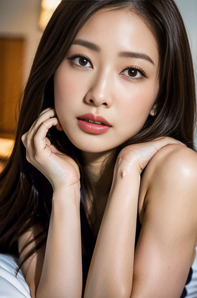 ((Top Quality, 8K, Masterpiece: 1.3)), 1 beautiful japanese lady, Slim, light Brown Hair, long wavy hair (Casual, Big: 1.2), Ultra Slender Face, real face, Delicate Eyes, Double Eyelids, seductive attractive big Smile, Open Legs, Wet, Bed, beautiful pink-colored small nipples, ecstatic facial expressions , open mouth, vagina, pubic hair, cowboy shot, hot, sweaty, ecstatic face, shy and hot expression , real skin, beautiful legs, slender abs , red cheeks , greasy oil on skin, licking, pink small areola, low angle shot,