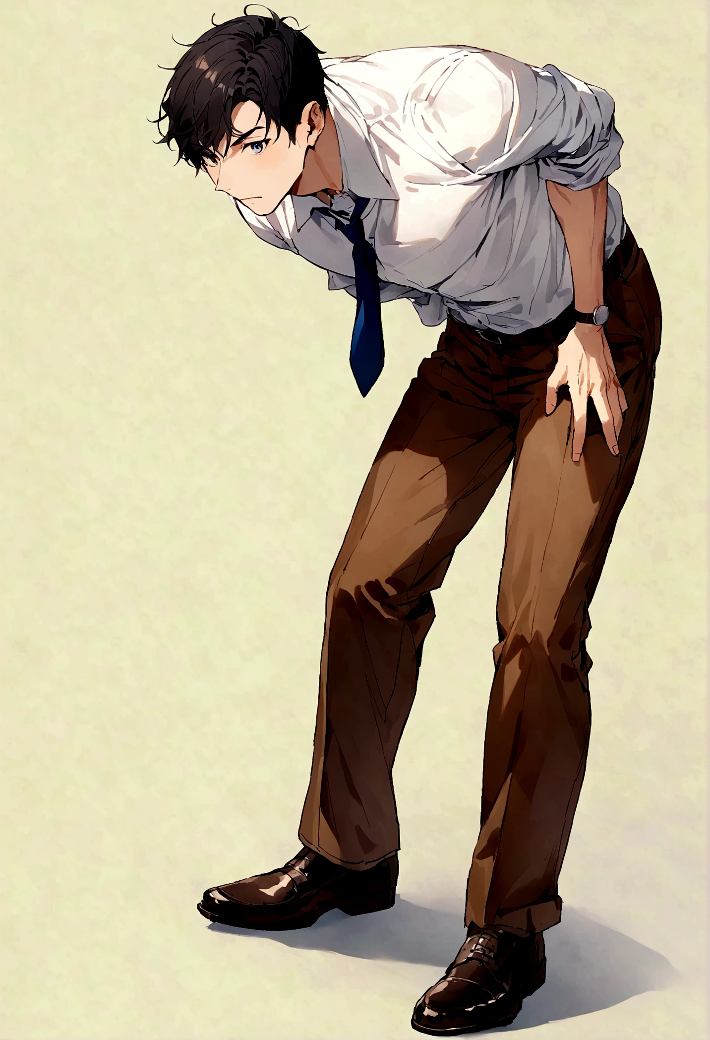 Black-haired man,front, Wearing a white shirt，Simple background，whole body，high student，Blue school uniform，Brown pants，tie，leather shoes