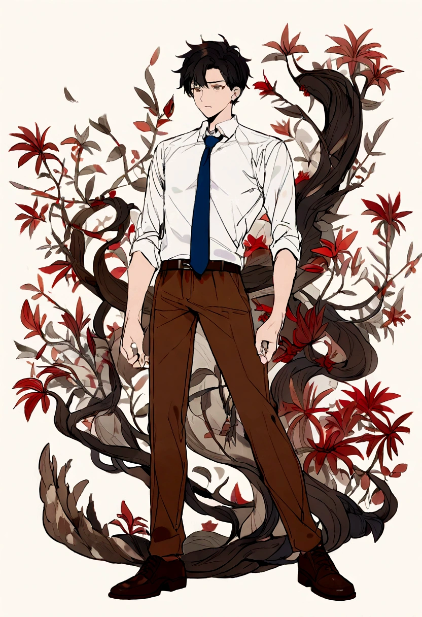 Black-haired man,front, Wearing a white shirt，Simple background，whole body，high student，Blue school uniform，Brown pants，tie，leather shoes