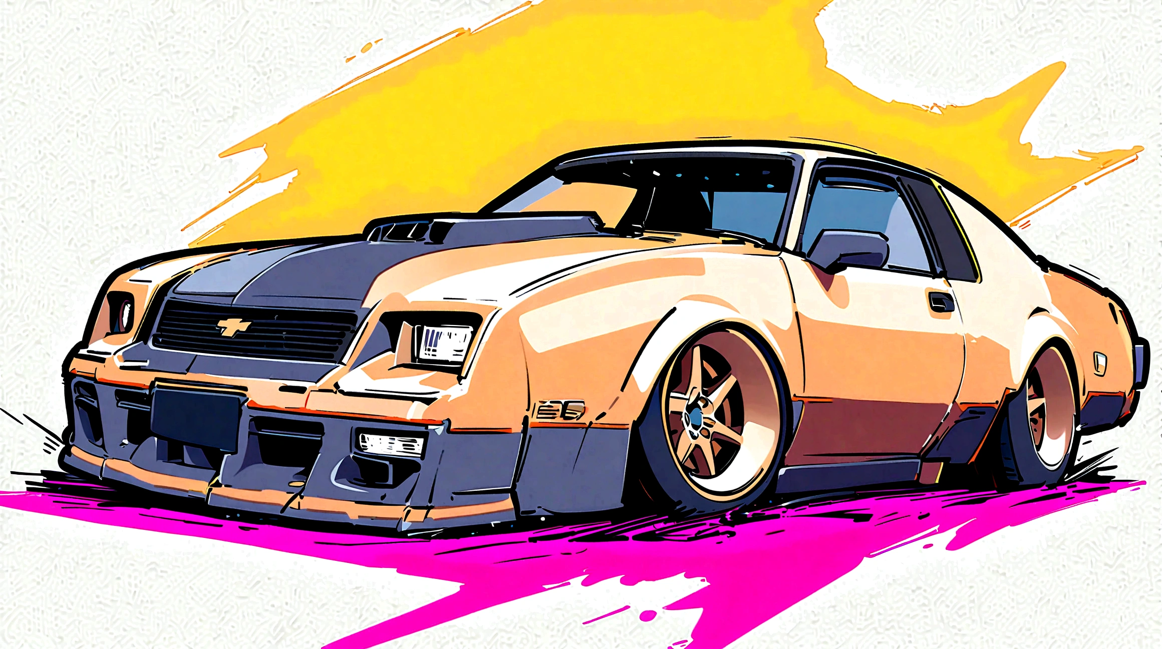 Dark Taupe  colored 1986 chevy monte carlo ss , pop art, cartoonish style , sketch, detailed illustration, large wheels, slammed to the ground, wide bodykit, masterpiece, highly detailed ((([simple  grey background])))
