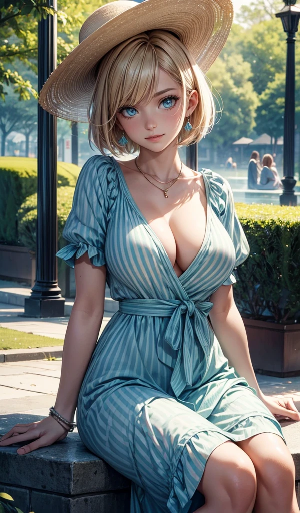 Please follow the all prompts below exactly and faithfully, This is a breathtaking masterpiece of digital illustration, with maximum resolution, UHD, 512K, 2160p, 10 million ppi, 300 million dpi, natural color tones, ultra sharp details, perfect outlines with contrast, ((smooth, soft and clearly and most realistic hair texture)), most beautiful detailed eye features, perfect anatomically correct human body, beautiful background with depth, rule of thirds, depth of field, Maximize all element is used to its full potential to create the best digital illustrations, 1woman, sexy, 25years old, beautiful face sharp, elegant woman, Ultimate perfect body style, beautiful beautiful big breasts, Maximize upturned breasts, green eyes, shiny blonde hair, short hair, bob cut, (eyes visible through hair:1.3), glossy very thick lips, pink lipstick, smile:1.5, BREAK: A summer dress with a wide-brimmed hat, a necklace, earrings, and a bracelet, in refreshing colors, with vibrant hues, detailed with stripes, made of linen, cap sleeves, ankle-length, with an empire waist, tiered skirt, and a scoop neckline,
BREAK: Sitting in a park with many trees, in front of a huge fountain, with the wind blowing,