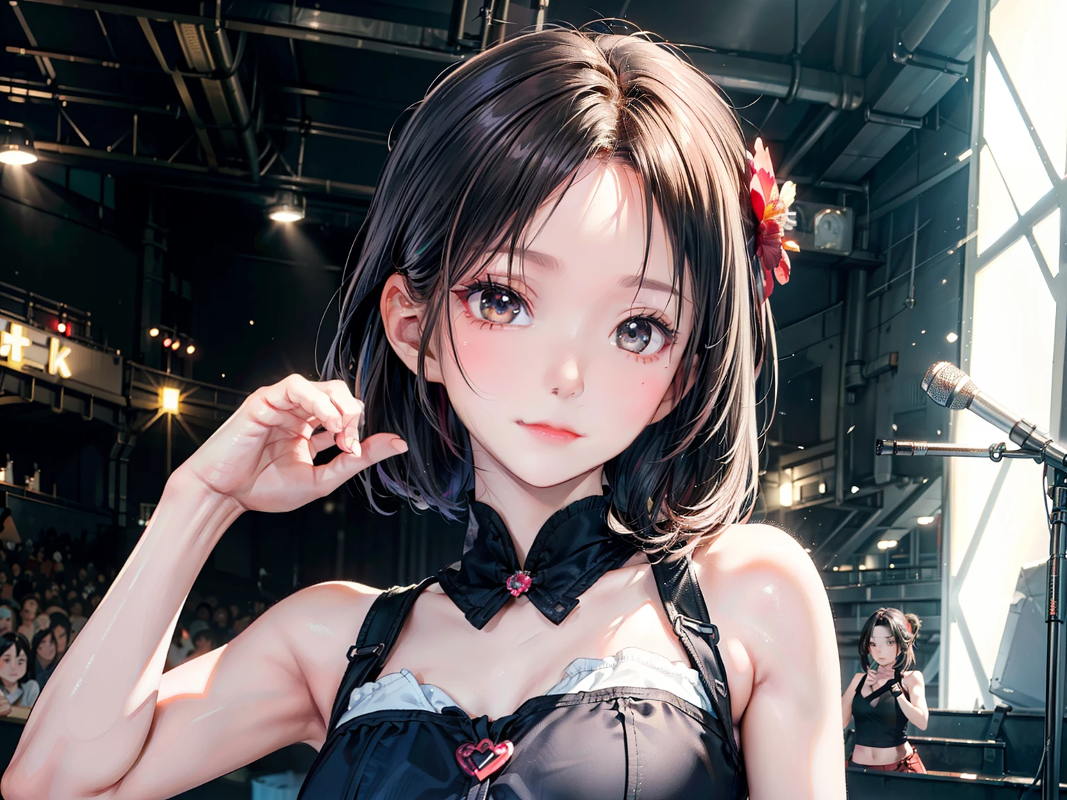 ((Best of the highest quality, 8k, Masterpiece, raw photo: 1.1)), (Sharp focus: 1.1), (1 AESPA, slim body type female, 22 y/o: 1.1), solo, Portrait Waist Up, (realistic, photo-realistic:1.37), face focus, cute face, finely eyes, (forehead, short hair, updo: 1.28), (sharp chin, droopy eyes: 1.32), (Emphasize prominent aegyo-sal with bright: 1.28), shimmering eyeshadow applied under the lower lash line, paired with thick, (small breasts, flat chest: 1.2), alternative outfit, tube top, walking on stage, microphone, flower,
