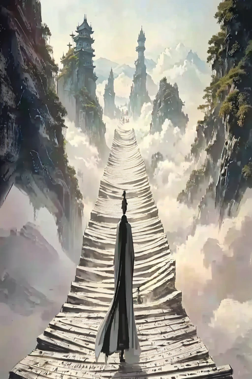 Image of a man standing on the stairs leading to the castle, The Flowery Road to Heaven, author：Yang J, Chinese Fantasy, An ancient road, She is approaching heaven, Sky Bridge, Taoism, author：Han Gan, Taoism大师, To the sky, Heaven&#39;s Gate, by Qu Leilei, The Path to Enlightenment, Cloud Palace