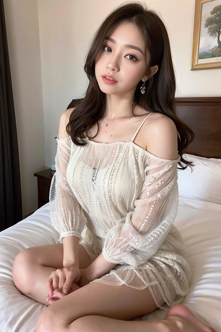 Dark brown hair、Light brown eyes、Japanese actress、 Lady、I am about 40 years old....、(Intricate details:1.2)、(Which is the top?????:1.4)、 (Ultra-high resolution:1.2)、Ultra-high resolution、(Finely tuned)、(Detailed facial features)、Hmph、8K resolution、D cup size breasts、Long Hair、Bedroom、Sleeping in bed、Illness and sleep、Painful expression、Extravagant space、relax、、,Full body photo、Beautiful feet、Loose dress、Beautiful feet、she, Attention to detail, Very detailed, Realistic, Hourglass Shaped Body, Obscene pose,、、私 cry a lot、tears、(auraroid photo:1.2)、A masterpiece of transparent painting、8K、32k、Highest quality、(Details of both eyes)、