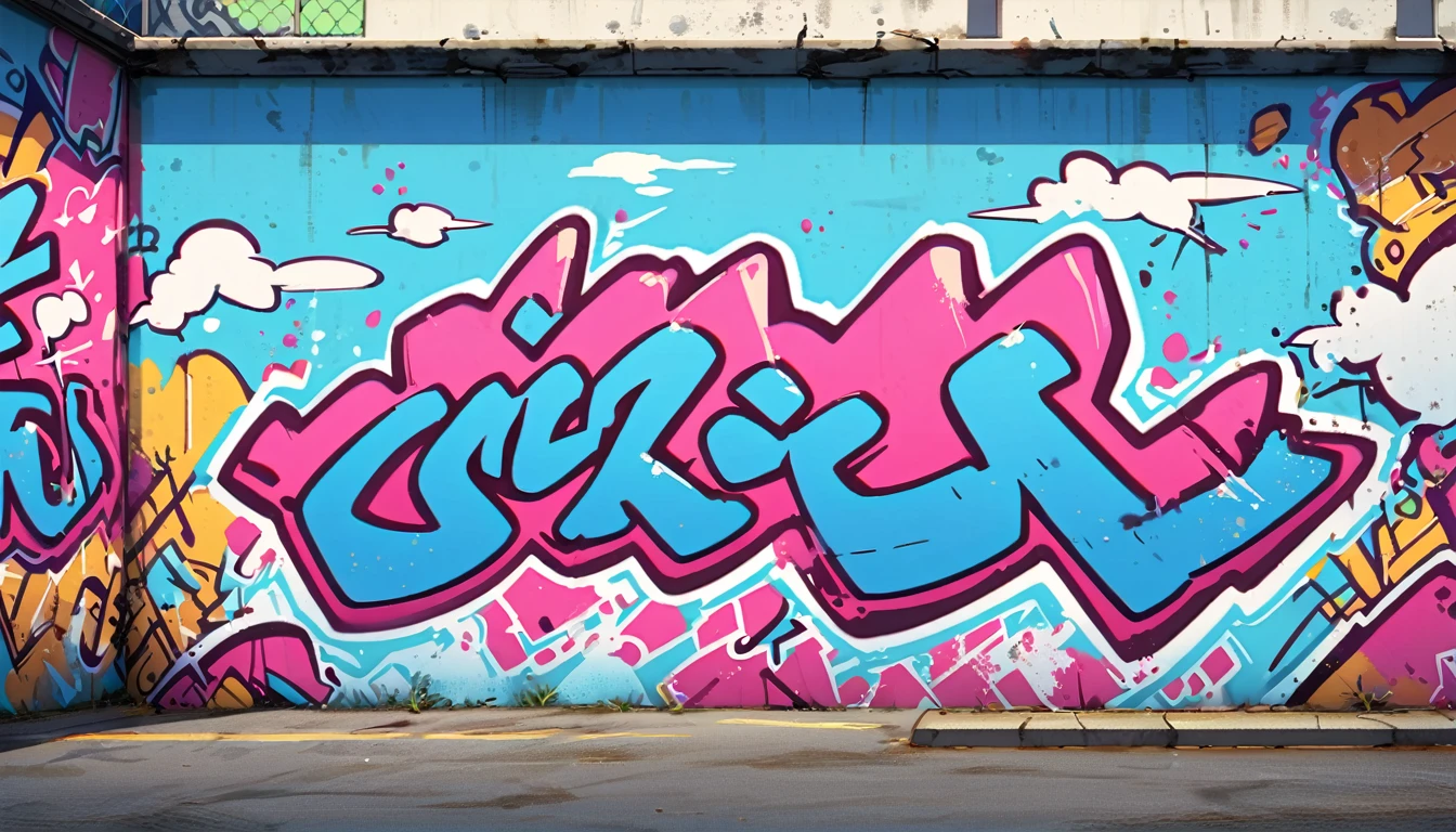\blue sky, White clouds, graffiti wall, Back ground is sea, no people,