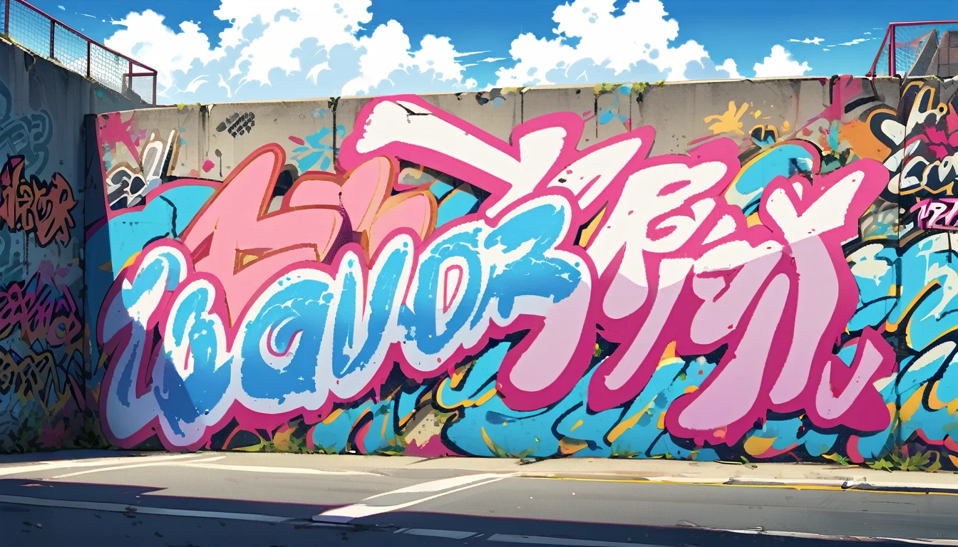 \blue sky, White clouds, graffiti wall, Back ground is sea, no people,