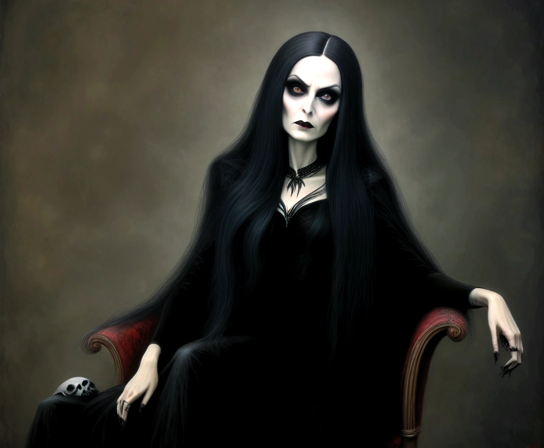 arafed woman sitting in a chair with long black hair, portrait of a dark witch, goth woman, mona lisa as a goth girl, morticia addams, long raven hair, gothic princess portrait, portrait of a lady vampire, creepy gothic portrait, an elegant gothic princess, dark goth queen, amy adams as morticia addams