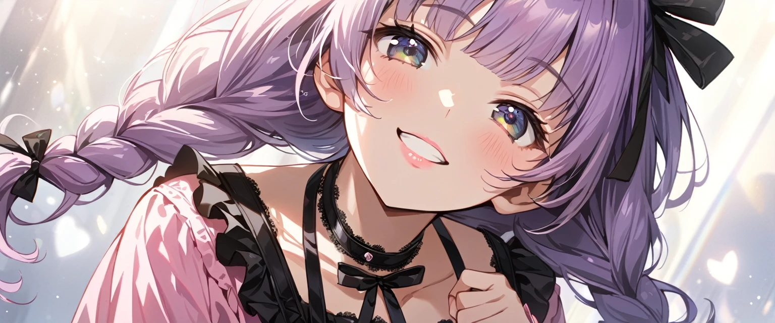 a masterpiece, beautiful eyes, a beautiful face, beautiful depiction, details, ultra detailed, 8K, masterpiece, Angle looking up from below.happy, a girl, kawaii, light atmosphere, mysterious atmosphere, (Cute a girl:1.5), (a girl with closs hair pin,pale purple hair,wavy two braids,bluntbangs hair,green and black eyes, pink shirt,cosplay, jirai kei, bangs, black skirt, black bow, looking at viewer, bow, long sleeves, choker, ribbon,pink lips,Thick-soled boots,portrait shot :1.4),boots focus, (masterpiece:1.3), anime visual, (Lovey-dovey:1.5), (tilt head:1.3), extremely delicate face, soft clean focus, realistic lighting and shading, (an extremely delicate and beautiful art:1.3),a girl closed her eyes, grin, waved,