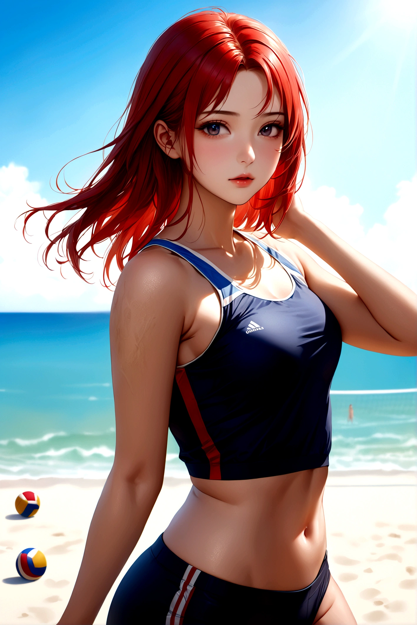 (masterpiece, best quality:1.4),(beautiful, aesthetic, perfect, delicate, intricate:1.2),8K,Ultra HD,(Anatomically correct),((Textured Skin)),(A beautiful girl:1.2),(delicate facial features),(realistic:1.3),photorealistic,intricate,hyper detailed,(perfect face),((red hair)),smooth lighting,beautiful lighting,perfect lighting,Wearing sportswear,play volleyball on the beach,smooth skin,Sexy,Nice ass