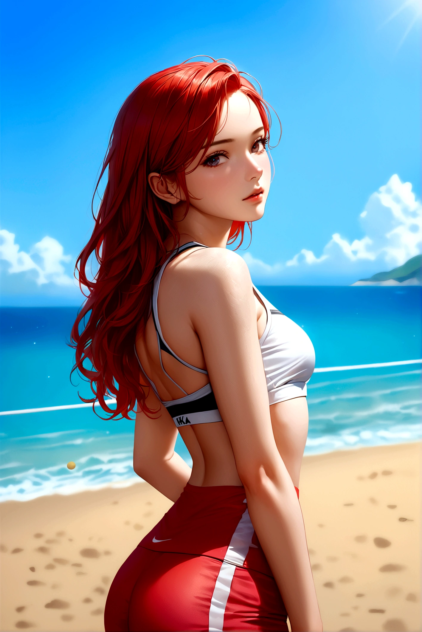 (masterpiece, best quality:1.4),(beautiful, aesthetic, perfect, delicate, intricate:1.2),8K,Ultra HD,(Anatomically correct),((Textured Skin)),(A beautiful girl:1.2),(delicate facial features),(realistic:1.3),photorealistic,intricate,hyper detailed,(perfect face),((red hair)),smooth lighting,beautiful lighting,perfect lighting,Wearing sportswear,play volleyball on the beach,smooth skin,Sexy,Nice ass