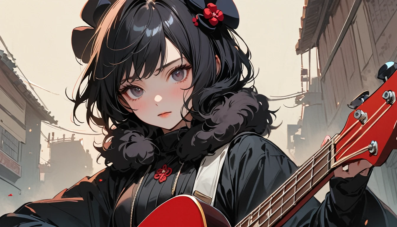 Highest quality, Katsushika Hokusai, Ink Painting, (((Playing Bass))), (((Light colored sunglasses))), (((1 girl))), (((Tattoo on face))), Japanese style headphones, beautiful girl, Black Hair, Delicate and precise, Modern ukiyo-e style, Darkness